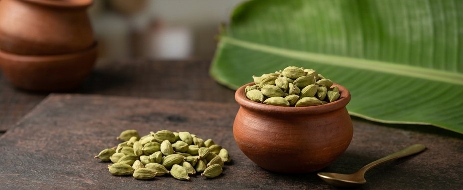 Green cardamom pods in a small clay pot beside a banana leaf.