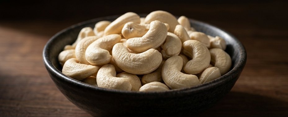 White whole cashew kernels in a dark stoneware bowl.