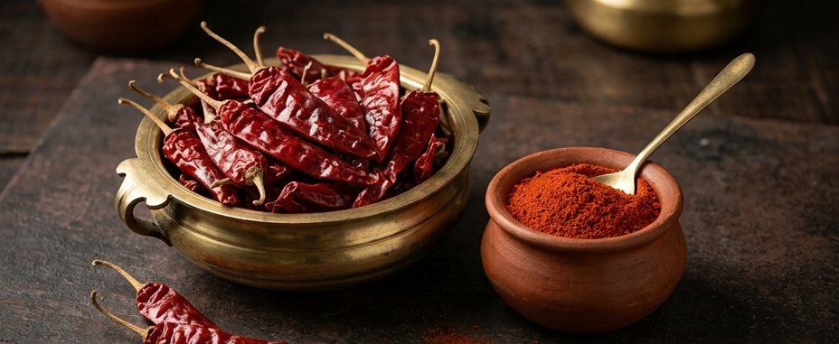 Dried red chillies in a brass bowl beside a clay pot of chilli powder.