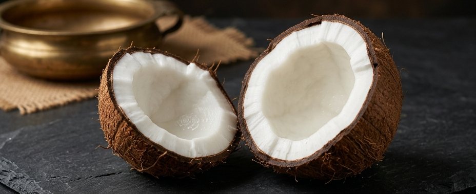 Two halves of a mature coconut showing thick white kernel, on dark slate.