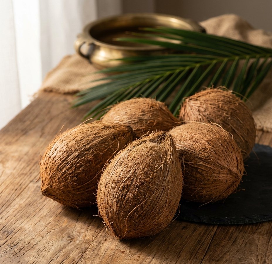 Mature brown coconuts on a rustic wooden table beside a brass uruli and a coconut frond.