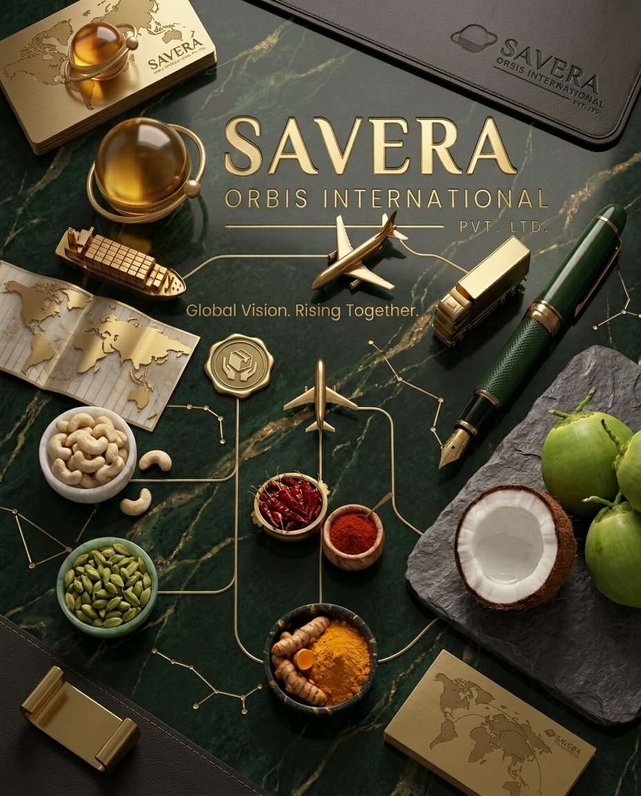 Savera Orbis brand still life on green marble: cashews, cardamom, dried chillies, turmeric and tender coconuts with a gold cargo ship, plane and truck.