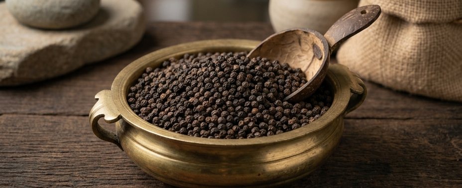 Black peppercorns in a brass uruli with a coconut-shell scoop.