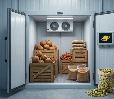 A cold room holding coconuts, sacks and crates of produce.