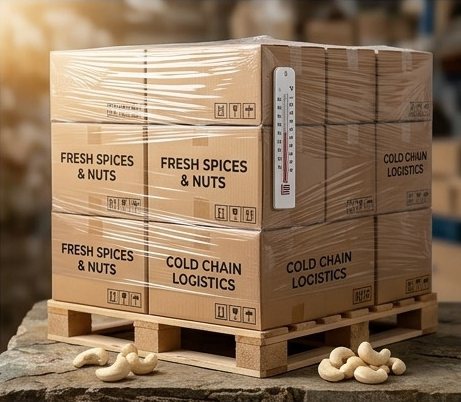 Shrink-wrapped pallet of cartons marked fresh spices and nuts, with a thermometer.