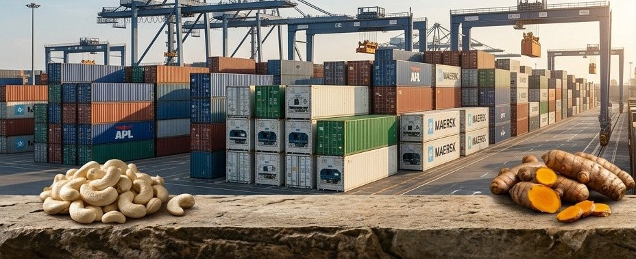 Stacked shipping containers and cranes at a container terminal, with cashews and turmeric in the foreground.