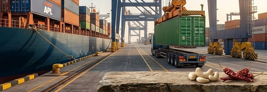 A container being loaded onto a truck beside a docked container ship.