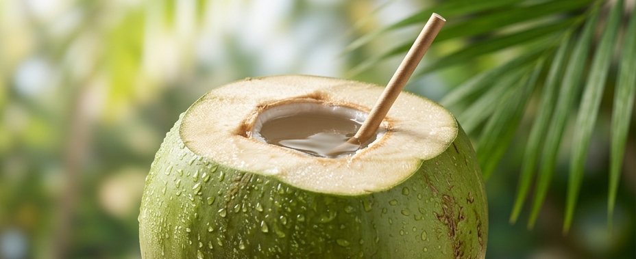 An opened green tender coconut with a paper straw.