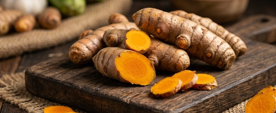 Fresh turmeric rhizomes, some cut open to show the orange flesh, on a wooden board.